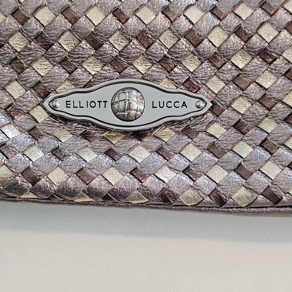 Elliott Lucca Silver Metallic Leather Woven Drawstring Bucket Purse - Picture 4 of 9